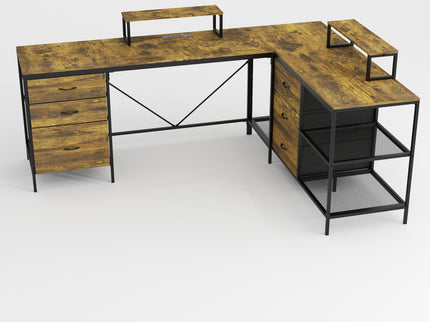 Industrial L Shaped Computer Desk With Power Outlets & USB-C, 6 Fabric Drawers, 3 Open Shelves, Movable Monitor Stands - Brown