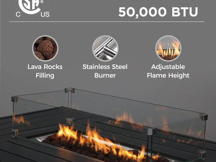 Rectangular Propane Fire Pit Table With Burner, Lava Rock, Waterproof Cover