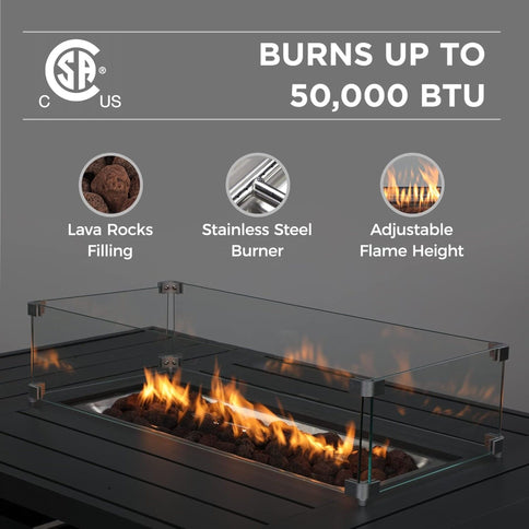 Rectangular Propane Fire Pit Table With Burner, Lava Rock, Waterproof Cover