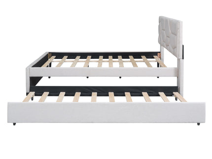 Upholstered Platform Bed With Brick Pattern Headboard And Twin Long Size Trundle