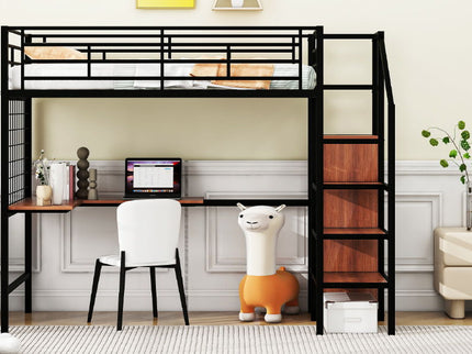 Loft Bed With Desk And Grid, Stylish Frame With Lateral Storage Ladder And Wardrobe