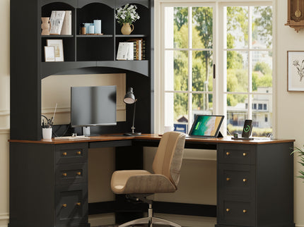 Space Saving L-Shaped Computer Desk With Keyboard Tray & Charging Stations