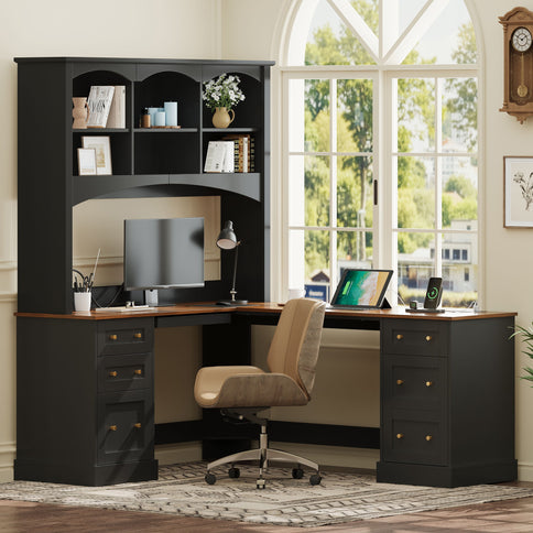 Space Saving L-Shaped Computer Desk With Keyboard Tray & Charging Stations