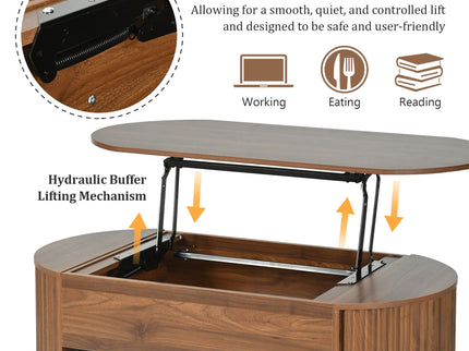 Lift Top Coffee Table With Hidden Compartment, Modern Oval Lift Tabletop For Home Living Room