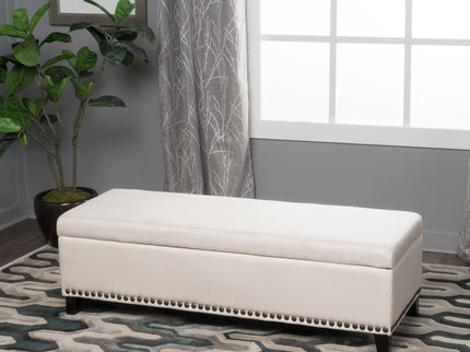 Upholstered Storage Ottoman With Nailhead Trim - Beige