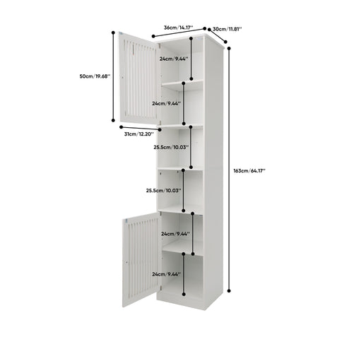 Tall Bathroom Cabinet With Adjustable Shelves, Louvered Door Floor Standing Storage Unit - White