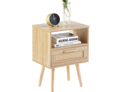 15.75" Rattan End Table With Drawer And Solid Wood Legs, Modern Nightstand, Side Table For Living Room, Bedroom