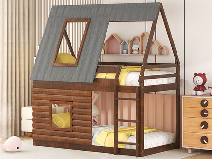 Wood Twin Size House Bunk Bed With Roof, Ladder And 2 Windows - Oak & Smoky Gray
