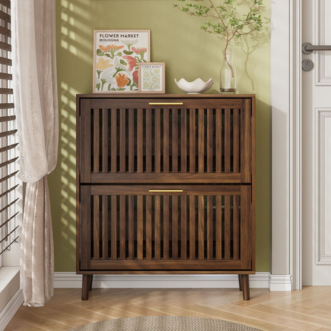 Medieval Modern Shoe Cabinet With 2 Flip Drawers And Fence Design