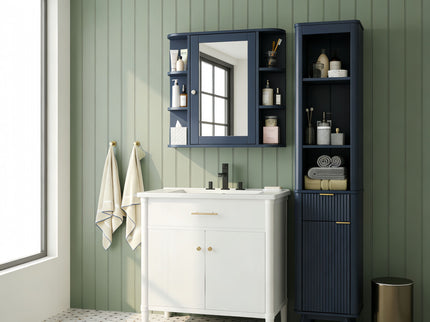Bathroom Wall Storage Cabinet With Mirror And Adjustable Shelf, 6 Open Shelves