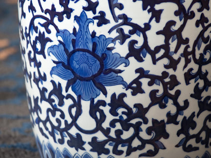 Ceramic Garden Stool, Small Side Tabel - White / Blue