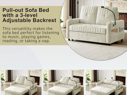 Modern Loveseat Pull Out Sofa Bed With Adjustable Backrest, Two Cup Holders, A Phone Holder, Three Charging Ports And Side Storage Pockets For Living Room