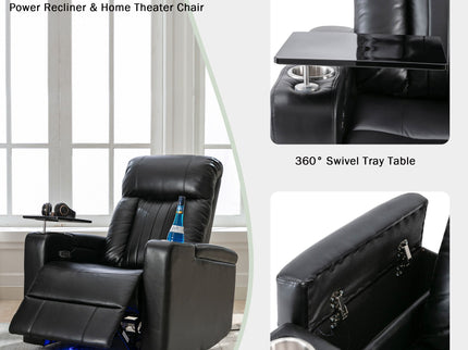 Premium Power Recliner & Storage Arms, Cupholders, Swivel Tray Table And Cell Phone Stand - Black
