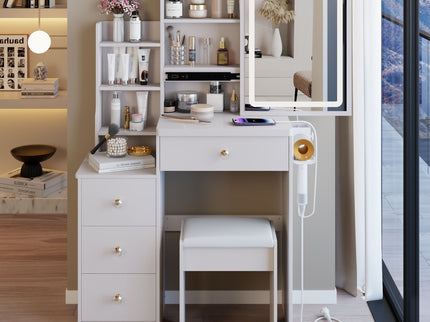 Cabinet Vanity Table & Cushioned Stool, USB Power Station, Hair Dryer Bracket - White