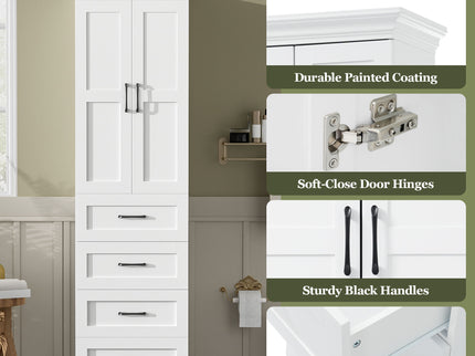 Bathroom Vanity With 2 Damping Hinge Doors, 3 Drawers, Adjustable Shelves - White