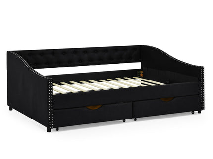 Upholstered Tufted Daybed With 2 Drawers, Waved Arms