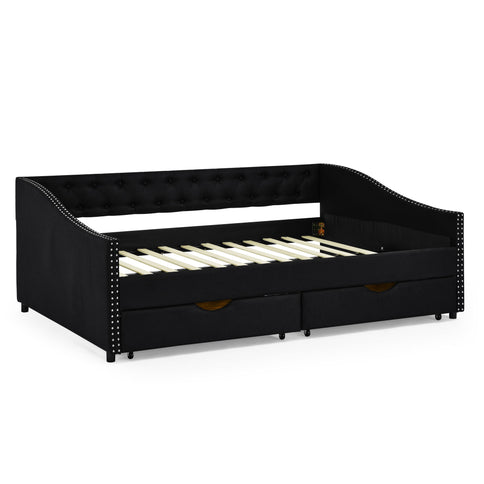 Upholstered Tufted Daybed With 2 Drawers, Waved Arms