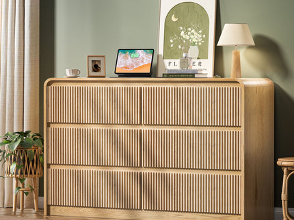 6 Drawer Dresser With Fluted Panel For Bedroom - Beige / Natural