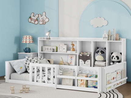 Platform Bed Frame With Guardrail, Storage Shelves & Bookshelf