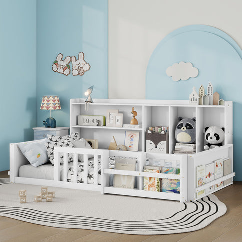 Platform Bed Frame With Guardrail, Storage Shelves & Bookshelf