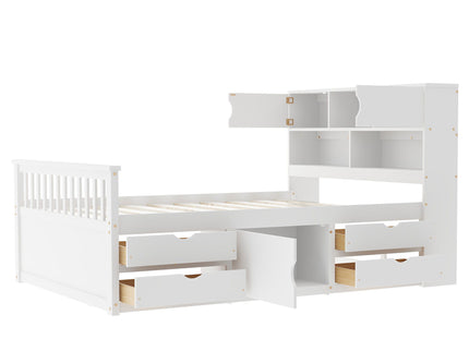 Captain Platform Bed Frame With Bookcase Headboard, 4 Drawers, Storage Shelves