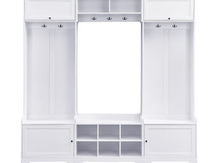 Wide Hall Tree With Shoe Storage, 4 In 1 Entryway Bench With 8 Cubbies, 7 Coat Hooks & Adjustable Shelf For Hallway - White