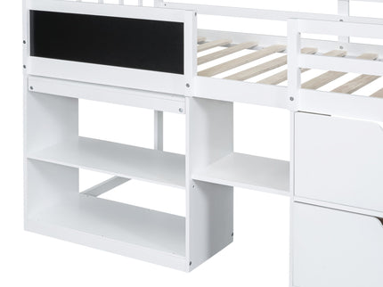 Low Loft Bed With Rolling Desk, Shelf And Drawers