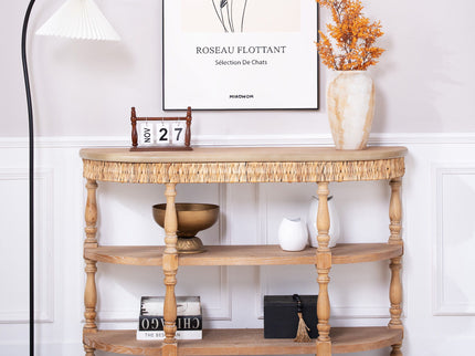 Handcrafted Console Table With Hand Woven Trim, 3 Tier Storage Shelves - Natural