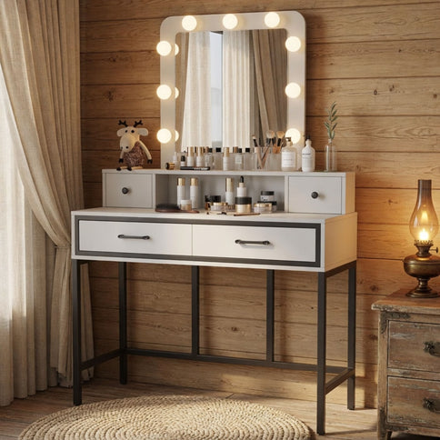 Vanity Desk With 3 Color Lighted Mirror And 4 Drawers