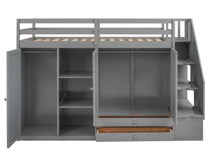 Loft Bed With 3 Shelves, 2 Wardrobes, 2 Drawers, Ladder Storage