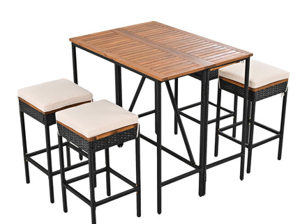 Outdoor Acacia Wood Bar Height Table And Eight Stools With Cushions