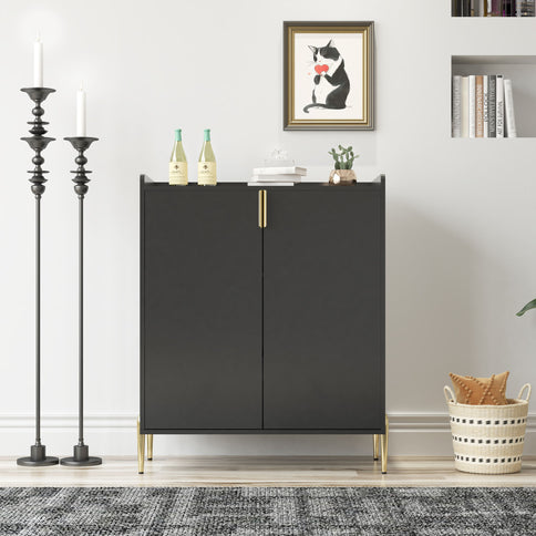 Wine Bar Cabinet With Adjustable Shelf, 2 Door Sideboard With Soft-Closing Hinges And Feet