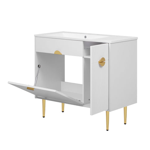 Bathroom Vanity With Sink, Storage Cabinet Soft Closing Door And Drop Down Compartment - White