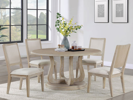 Rodota - 5 Piece Round Dining Table Set With Upholstered Chairs - White Washed