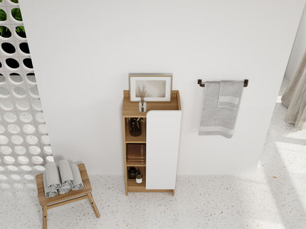 Freestanding Bathroom Side Cabinet, Narrow Storage Cabinet With Single Door & 3 Tier Open Shelves - Black / Light Oak / White