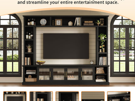 All-In-One Entertainment Center With Bookshelves & Tempered Glass Doors, TV Console Unit For Living Room