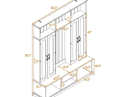 Entryway Hall Tree With Bench, 3 Top Cubbies & Bottom Storage Space