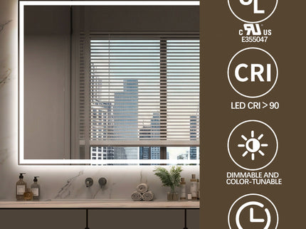 LED Bathroom Vanity Wall Mirror With Straight Edge Design, Frosted Glass Finish, Anti Fog, Dimmable 3 Color Lighting - Silver