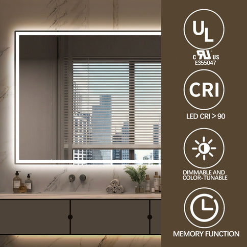 LED Bathroom Vanity Wall Mirror With Straight Edge Design, Frosted Glass Finish, Anti Fog, Dimmable 3 Color Lighting - Silver