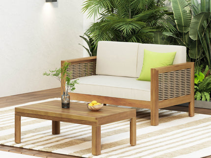 Outdoor Patio Set With Coffee Table And Loveseat - Teak / Beige