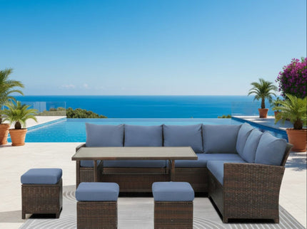 7 Piece Patio Dining Set With Cushions, Modular Sectional Sofa & Storage Table