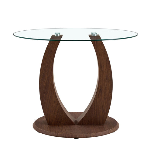 2 In 1 Round Glass Dining Table With Adjustable Curved Base, - Transparent / Walnut