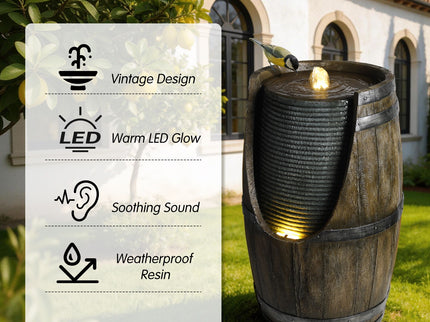 Rustic Barrel Water Fountain With LED Light
