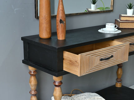 Accent Carved Console Table With Open Shelf And 2 Drawers Living Room - Black / Natural Wood Wash