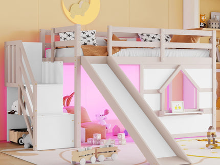 Loft Bed With Storage Stairs, Slide, Playhouse Window And 7 Colors LED Lights