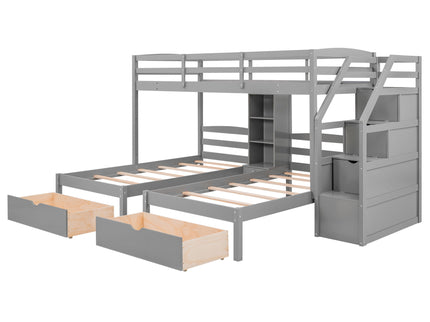 Twin Over Twin & Twin Bunk Bed With Drawers, Staircase Storage, Built In Shelves - Gray