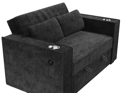 Modern Style Convertible Sofa With Pull-Out Bed, USB Ports & Cup Holders