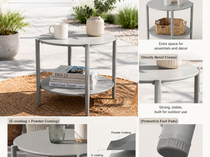 Round Outdoor Coffee Table With Shelf For Garden - Gray