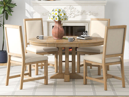 Dining Set & Extendable Round Table And 4 Upholstered Chairs