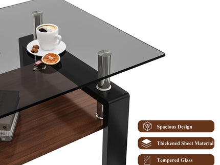 Modern Rectangular Coffee Table With Tempered Transparent Glass Top And Storage Shelf
